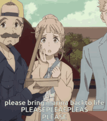 a girl with pink hair is holding a wooden box and a man with a mustache is holding a wooden stick
