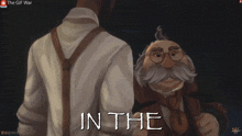 a cartoon of two men standing next to each other with the words " in the " below them