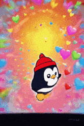 a penguin wearing a red hat is surrounded by hearts on a pink background