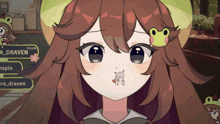 a girl with a frog on her head and a follow button