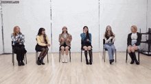 a group of girls are sitting in chairs on a wooden floor and one of them says " 고마워요 ~ "