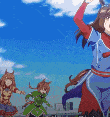 a girl in a blue and red outfit is standing next to a girl in a green outfit