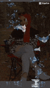 a woman in a hijab is sitting in a chair with bubbles coming out of it and the word capcut on the bottom