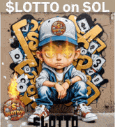 a cartoon of a boy sitting in front of a wall that says lotto