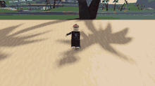 a roblox character is standing on a sandy beach with a shadow of a palm tree on the sand
