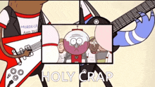 a cartoon of mordecai and the regular show band with holy crap written on the bottom