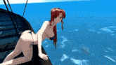 a girl in a bikini is laying on the side of a boat in the ocean