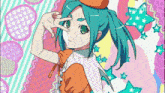 a girl with blue hair and green eyes is standing in front of a colorful background
