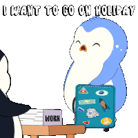 a penguin is standing next to a desk with a sign that says work
