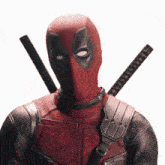 a man in a deadpool costume with two swords on his shoulder