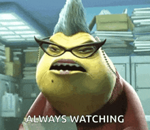 a cartoon character says always watching in front of a pile of papers