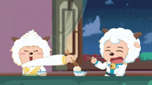 two cartoon sheep are eating with chopsticks