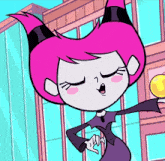 a cartoon character with pink hair is holding a yellow object in front of a building