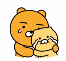 a cartoon bear is holding a smaller bear .
