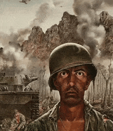 a man in a helmet stands in front of a battle scene