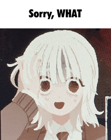 a picture of a girl with the words " sorry what " on top of it