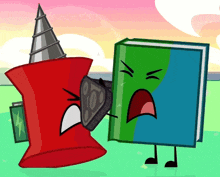 a cartoon drawing of a book and a red pin with a horn