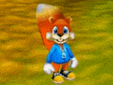 a cartoon squirrel is standing on a grassy field holding a leaf in his hand .
