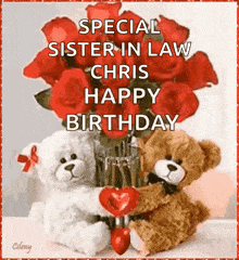 two teddy bears are sitting next to a vase of red roses and a heart .