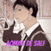 a man in a suit and tie is holding onto a railing with the words " aomine de salf " written below him