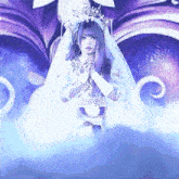 a woman with purple hair is wearing a white dress and a tiara