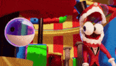 a cartoon character wearing a top hat and a tuxedo stands next to a bubble