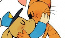 a cartoon dog and a cat kissing each other .