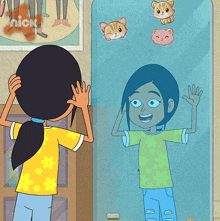 a cartoon of a girl looking at herself in a mirror with nick written on the bottom right