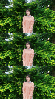a girl in a pink sweater is standing in front of a tree