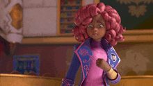 a cartoon girl with pink hair and a blue jacket has her fist up