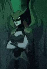 a cartoon of a woman with wings and a mask standing with her arms crossed