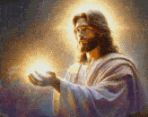 a painting of jesus with a glowing halo around his head