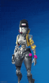 a robot wearing a beanie and a yellow jacket is standing in front of a blue background ..