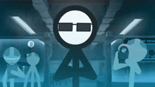 a stick figure wearing sunglasses stands in front of a sign that says very try