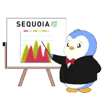 a penguin in a suit is standing in front of a green board with the letter e on it
