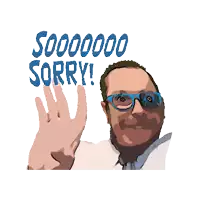 a man with glasses says sorry with his hand up
