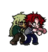 a pixel art drawing of two cartoon characters standing next to each other .