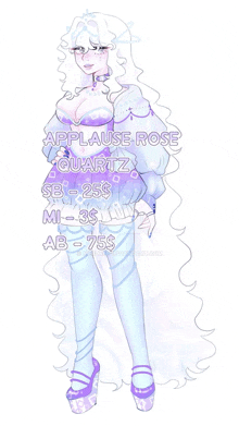 a drawing of a girl with long white hair and the words applause rose quartz on it