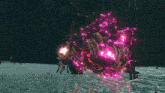 a monster in a video game is being attacked by a giant pink monster in the water .
