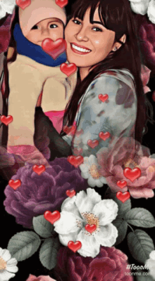 a cartoon of a woman holding a baby surrounded by flowers and red hearts