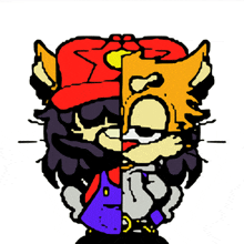 a cartoon of a cat wearing a red hat and a purple jacket