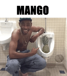 a man squatting next to a urinal with a pineapple in it and the word mango above him
