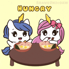two unicorns are sitting at a table with bowls of food and the word hungry written above them