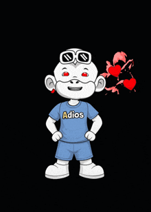a cartoon character is wearing a blue shirt that says adios