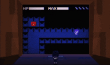 a video game with a character standing in front of a screen that has hp and max on it