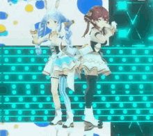 two anime girls are standing next to each other on a stage in front of a crowd .