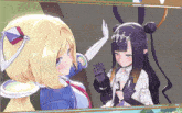 two anime characters are standing next to each other and one of them has a star on her head