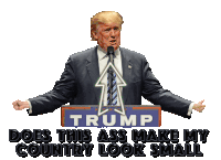 donald trump is giving a speech at a podium that says does this ass make my country look small