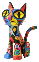 a colorful statue of a cat with circles on its feet