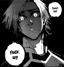 a black and white drawing of a man with the words shut the fuck up above him